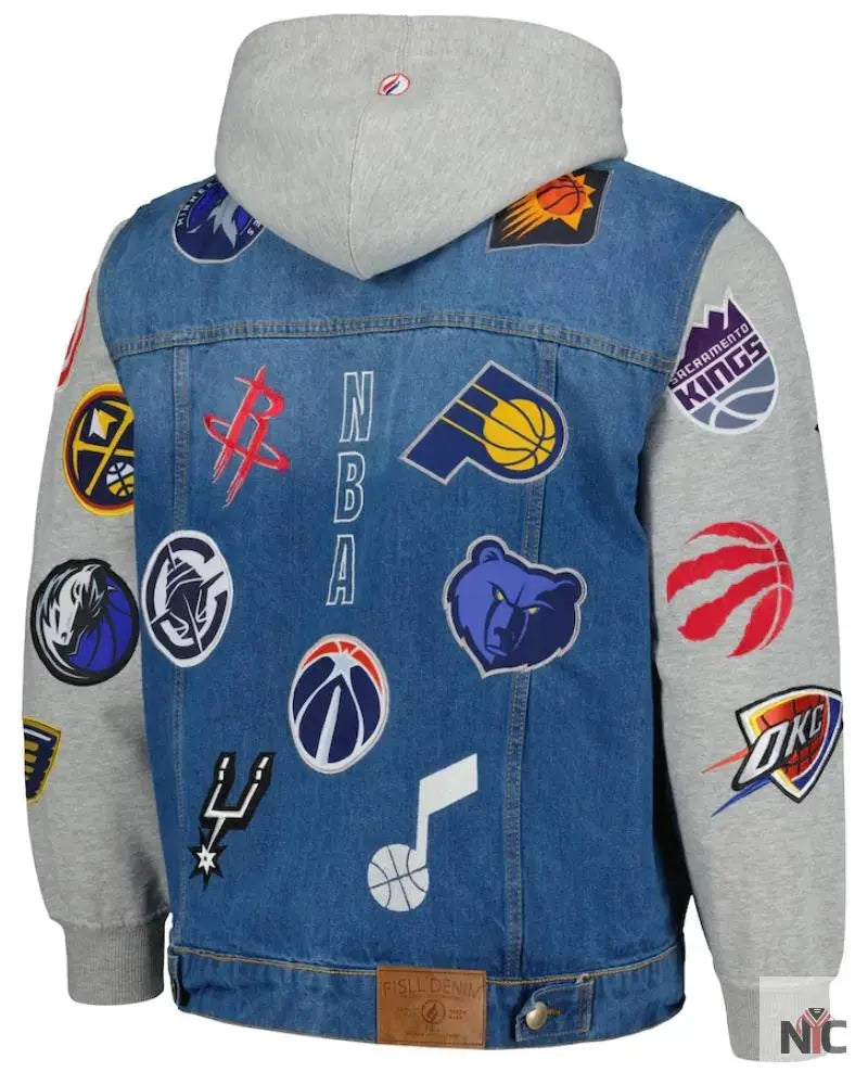 Men’s FISLL Blue/Gray NBA All Teams Full-Button Hoodie Denim Jacket