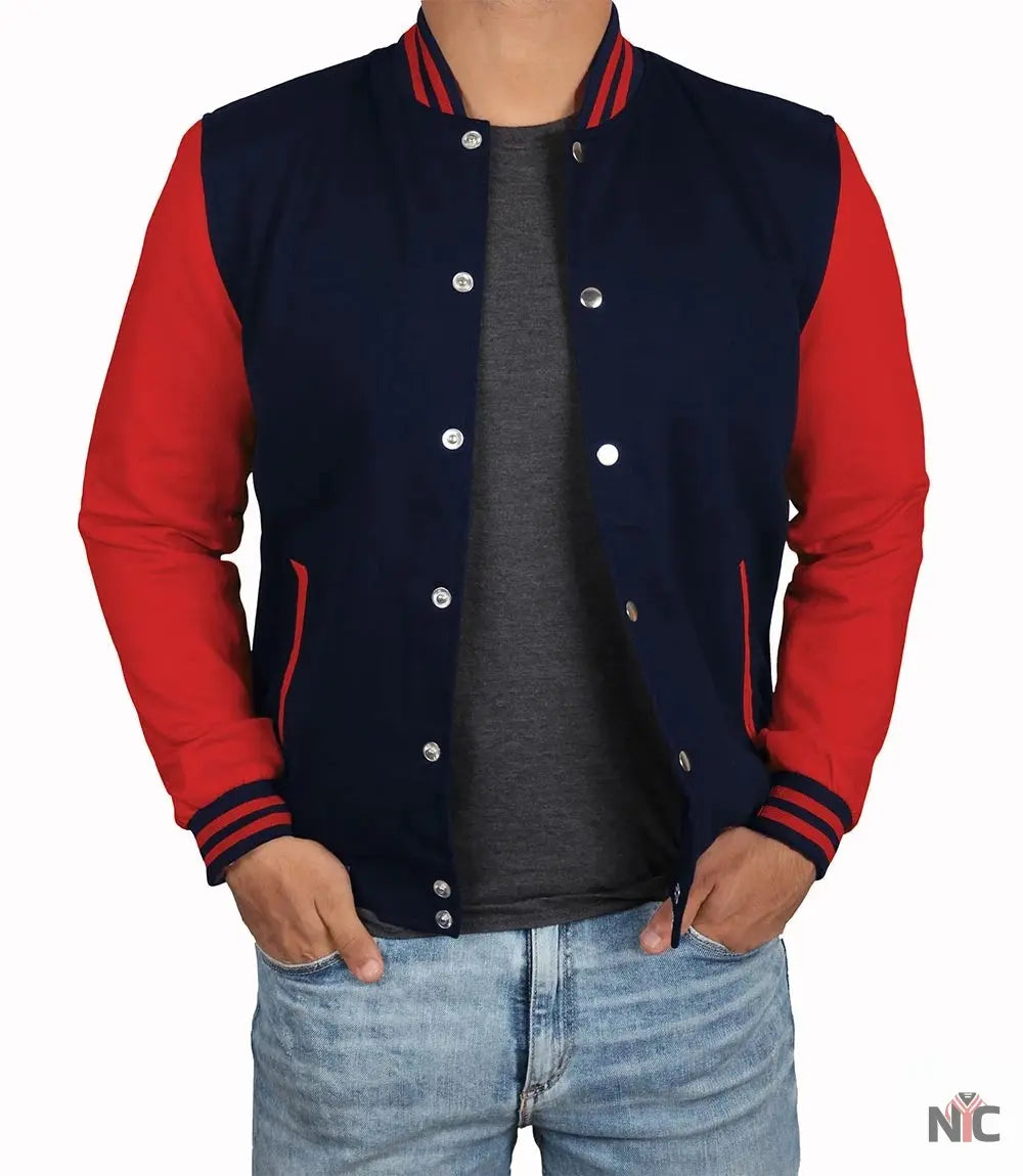 Men's Red and Navy Blue Varsity Jacket - Baseball Bomber Style