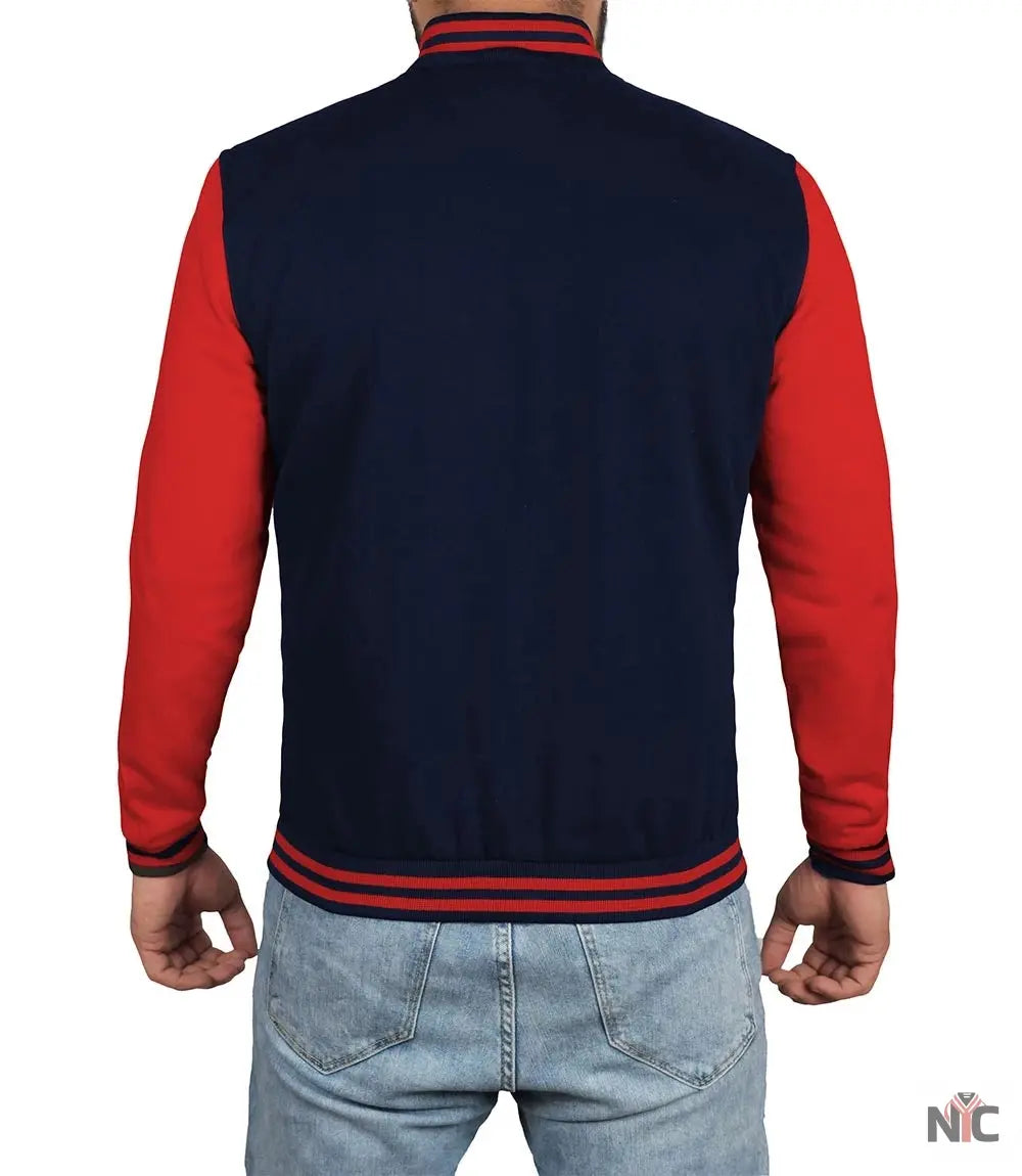 Men's Red and Navy Blue Varsity Jacket - Baseball Bomber Style
