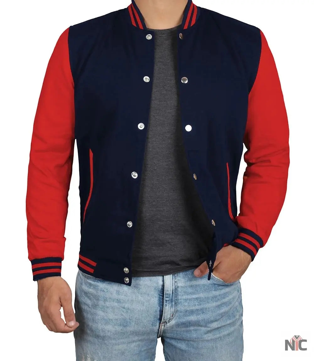 Men's Red and Navy Blue Varsity Jacket - Baseball Bomber Style