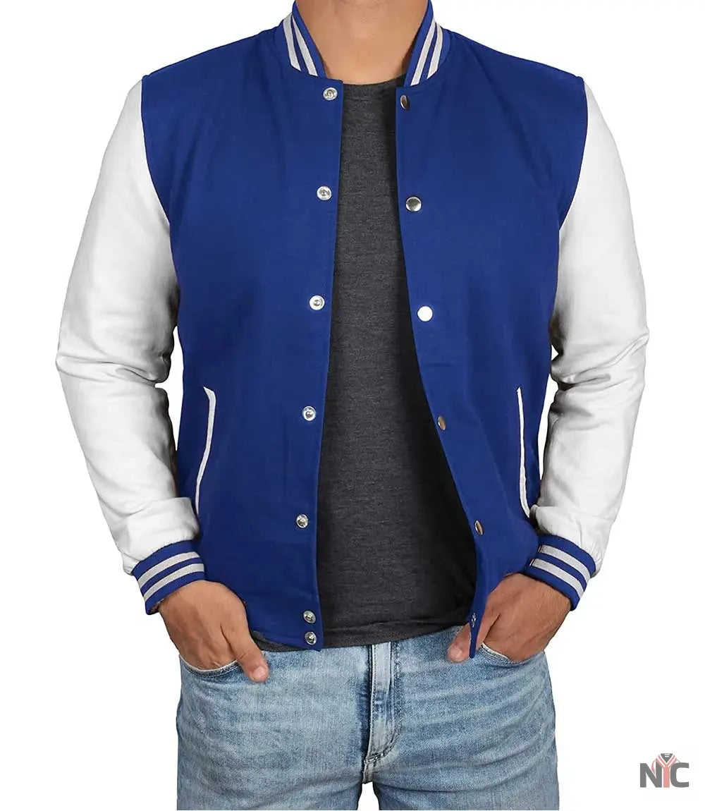 Men's Royal Blue & White Varsity Jacket - Classic Baseball Bomber Style