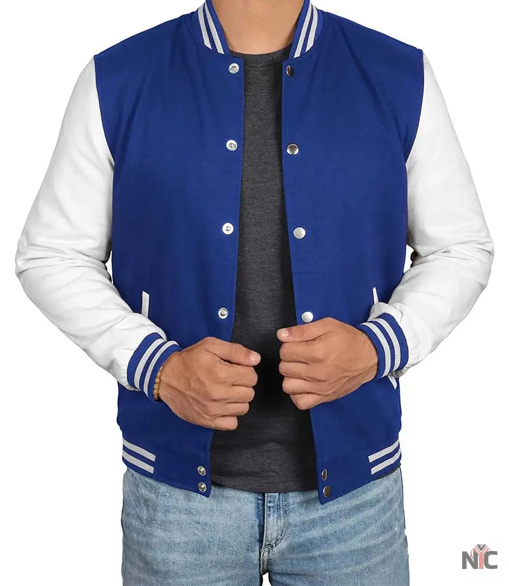 Men's Royal Blue & White Varsity Jacket - Classic Baseball Bomber Style