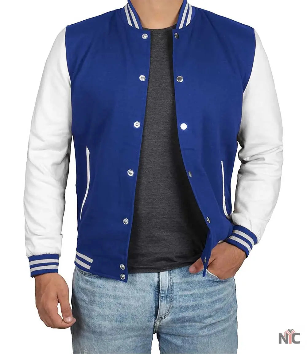 Men's Royal Blue & White Varsity Jacket - Classic Baseball Bomber Style
