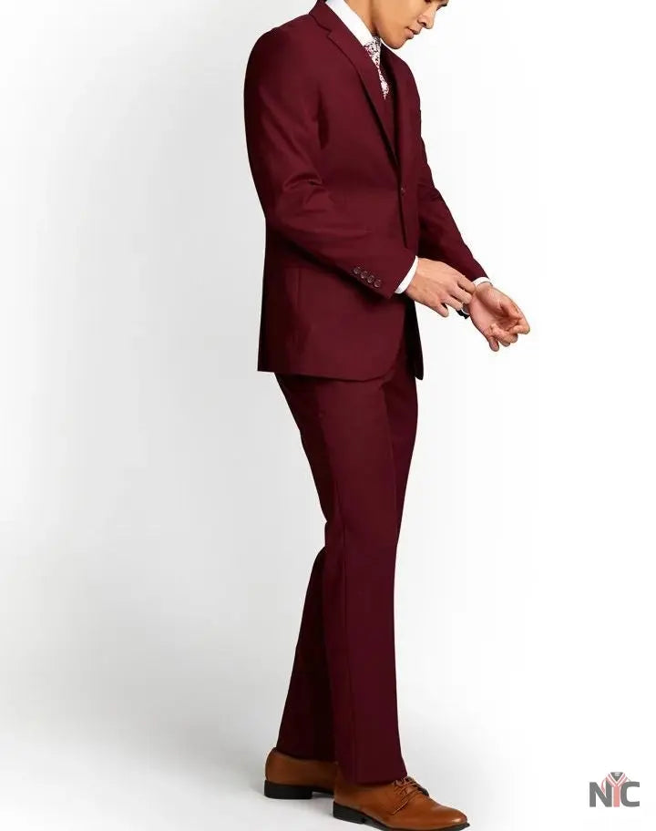 Men's Three-Piece Slim Fit Maroon Suit - Wedding Suit for Men