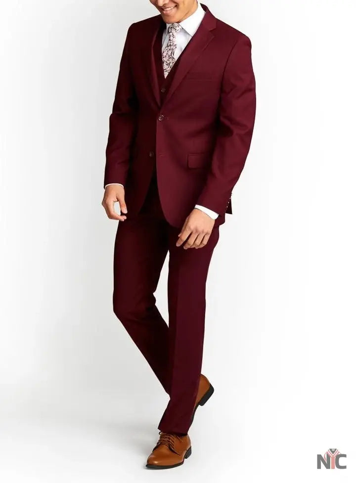 Men's Three-Piece Slim Fit Maroon Suit - Wedding Suit for Men