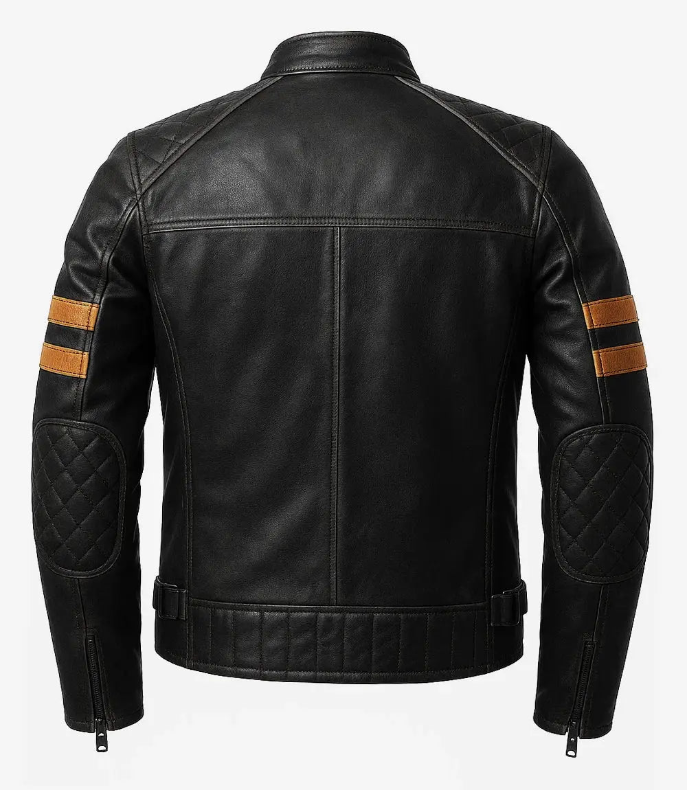 Men’s Black Cafe Racer Leather Jacket with Tan Accent Stripes