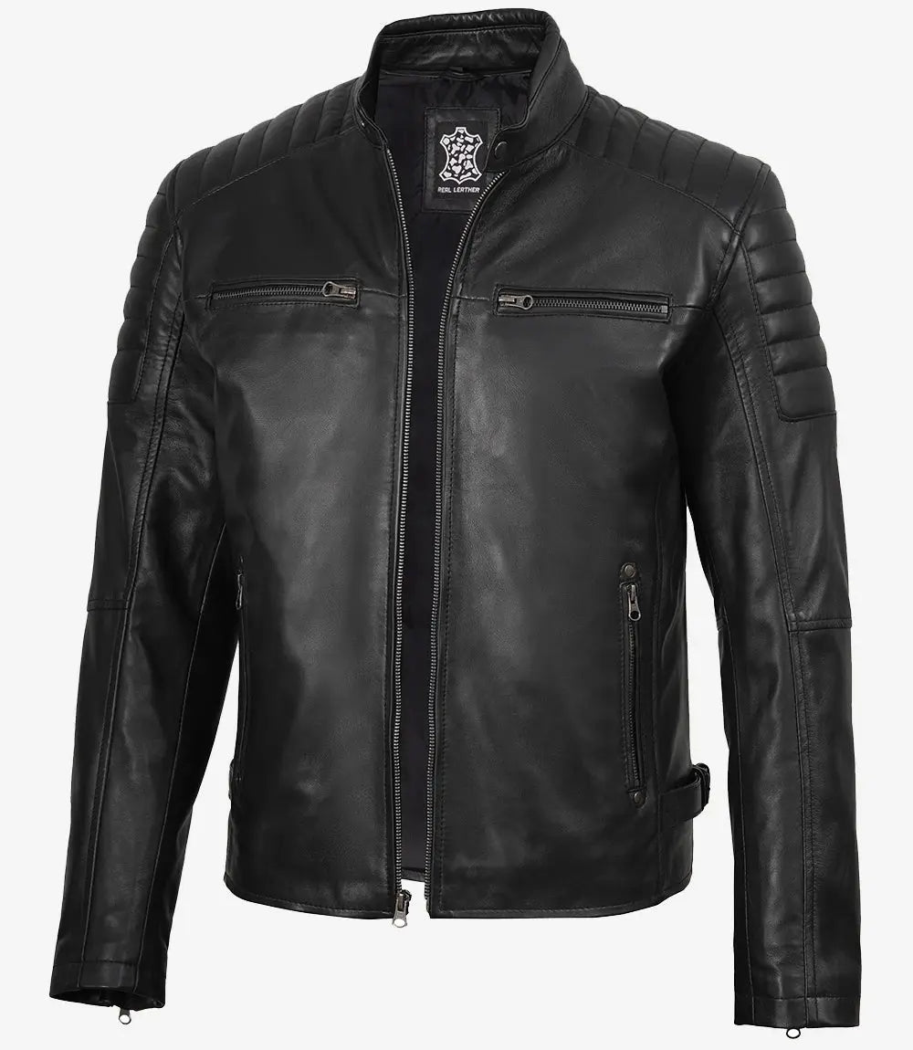 Men's Black Cafe Racer Padded Shoulders Real Leather Jacket