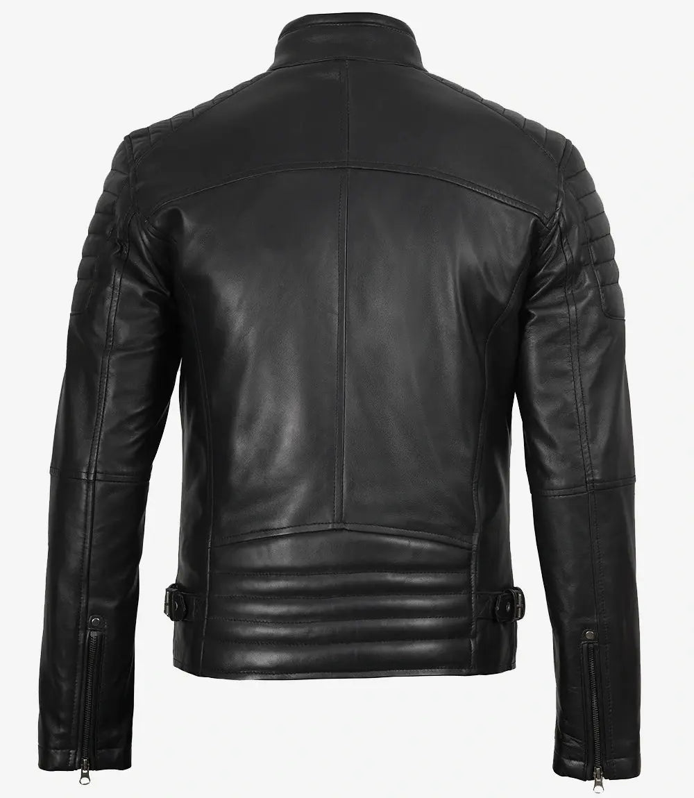 Men's Black Cafe Racer Padded Shoulders Real Leather Jacket