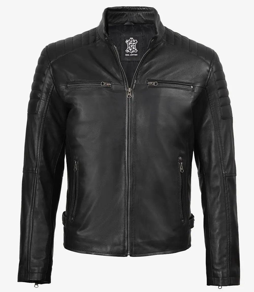 Men's Black Cafe Racer Padded Shoulders Real Leather Jacket