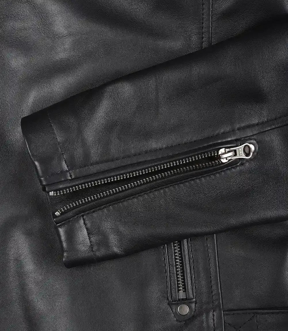 Men's Black Cafe Racer Padded Shoulders Real Leather Jacket