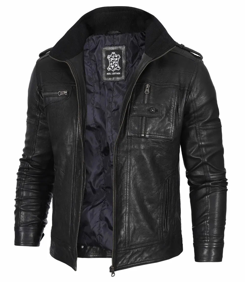 Men's Black Waxed Cafe Racer Leather Jacket