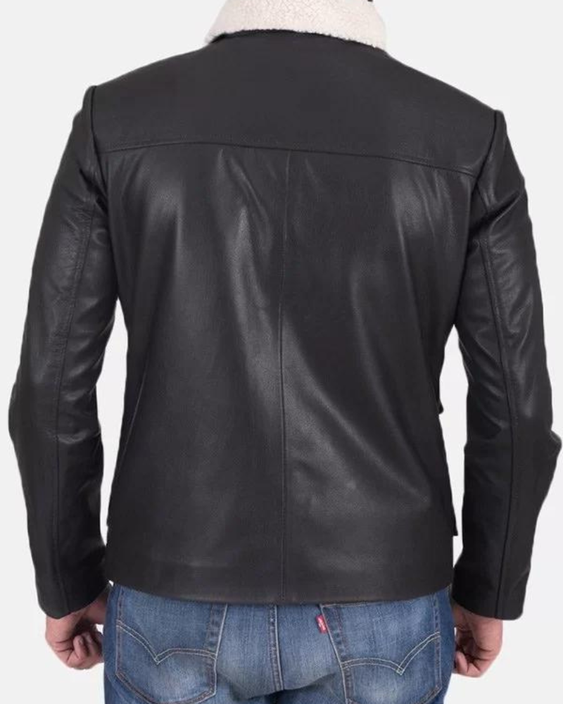 Men’s Flap Pockets Black Leather Jacket