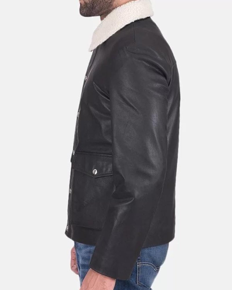 Men’s Flap Pockets Black Leather Jacket