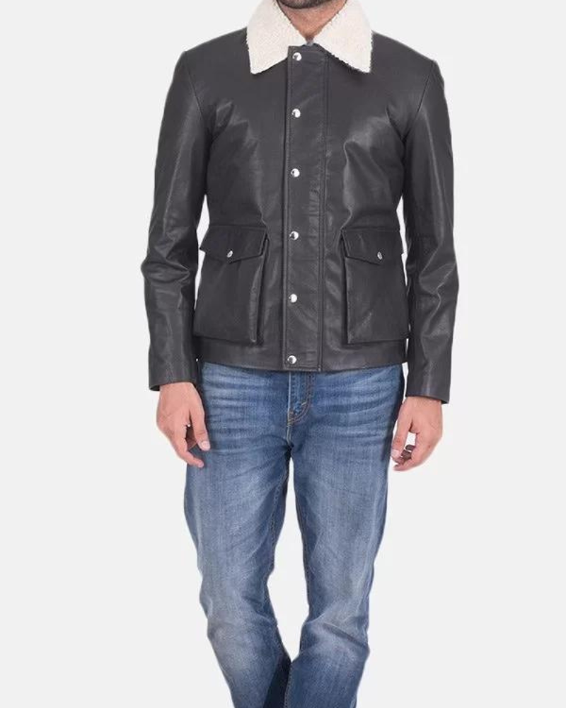 Men’s Flap Pockets Black Leather Jacket