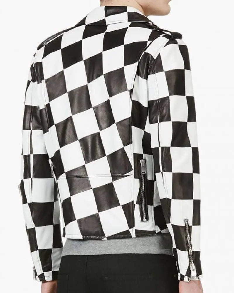 Men’s Motorcycle Checkerboard Leather Jacket