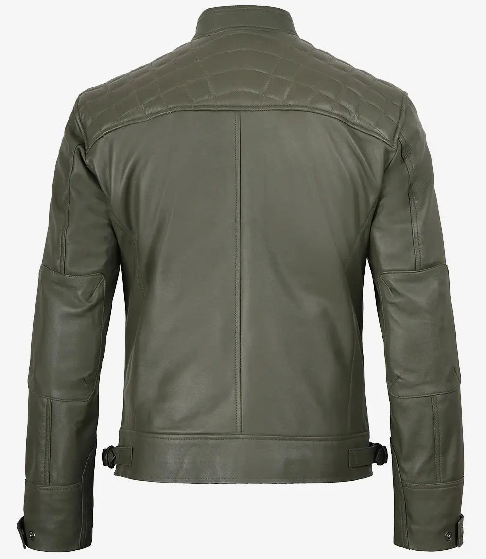 Men's Dark Green Real Leather Cafe Racer Biker Jacket
