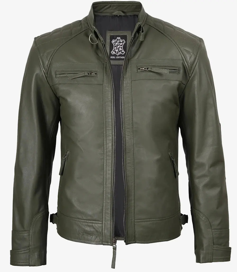 Men's Dark Green Real Leather Cafe Racer Biker Jacket