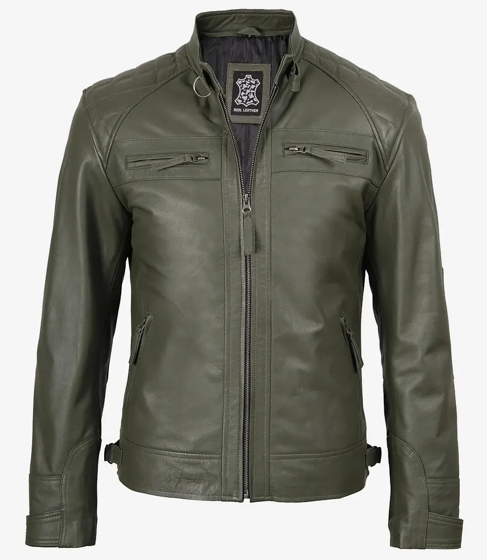 Men's Dark Green Real Leather Cafe Racer Biker Jacket