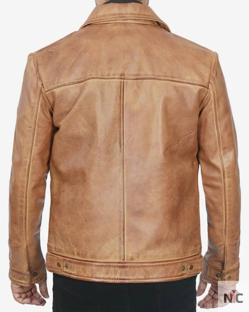 Mens Shirt Collar Yellow Waxed Leather Jacket