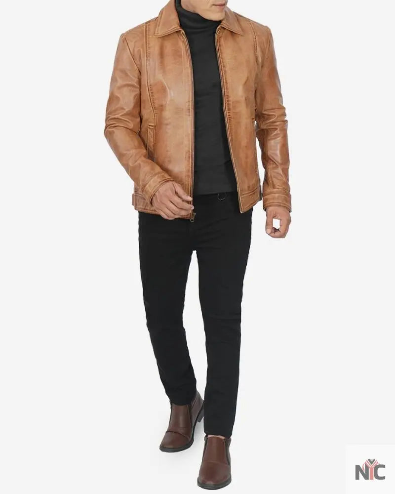 Mens Shirt Collar Yellow Waxed Leather Jacket