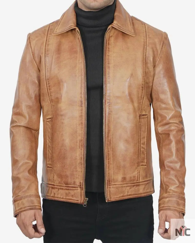Mens Shirt Collar Yellow Waxed Leather Jacket