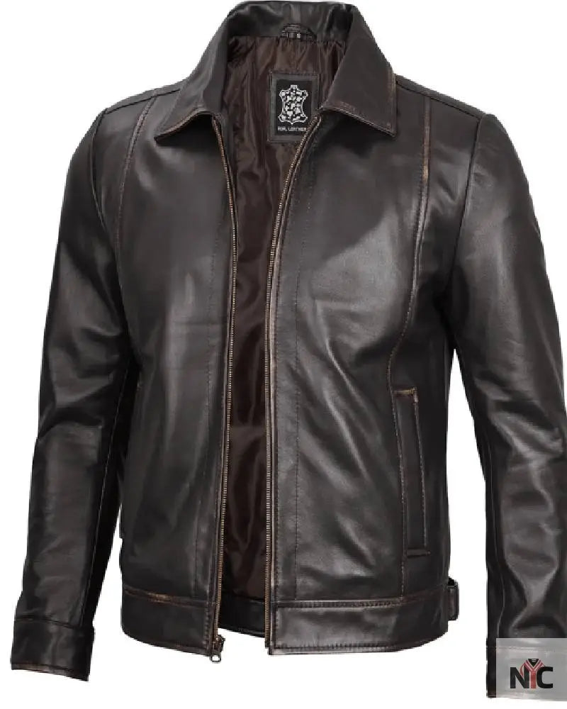 Mens Vintage Leather Rub Off Brown Casual Jacket