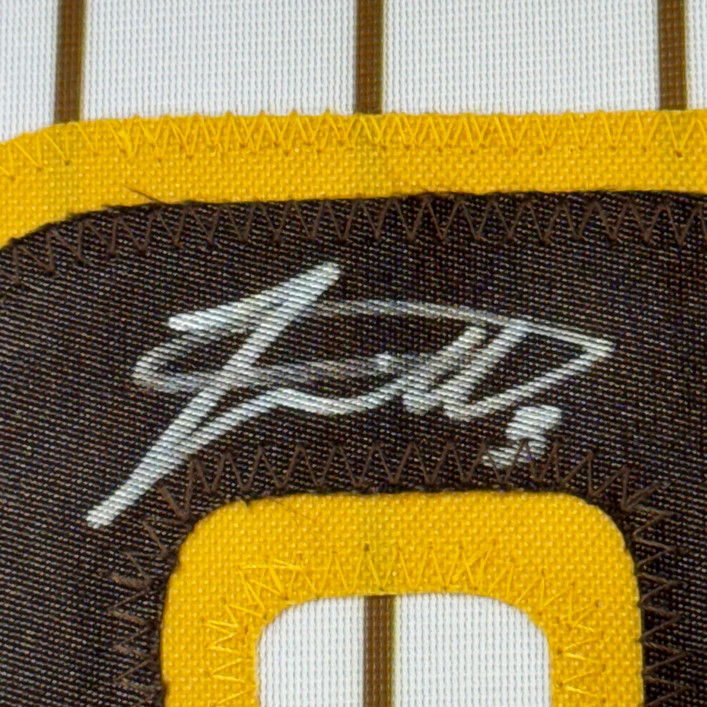 Framed Autographed/Signed Jackson Merrill 35x39 San Diego Pinstripe Baseball Jersey Beckett BAS COA