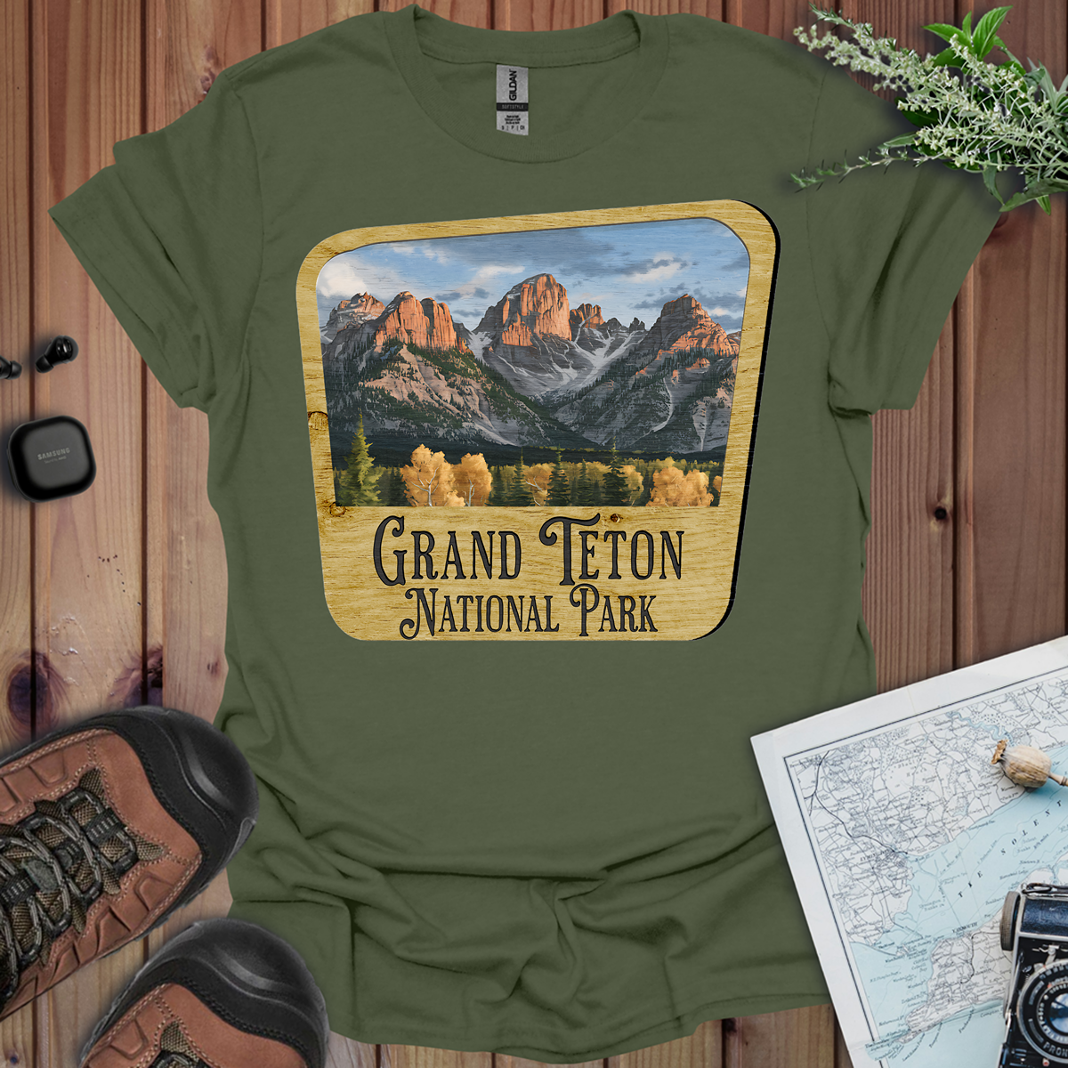 Grand Teton National Park Unisex Fit Soft T-Shirt Wood Sign