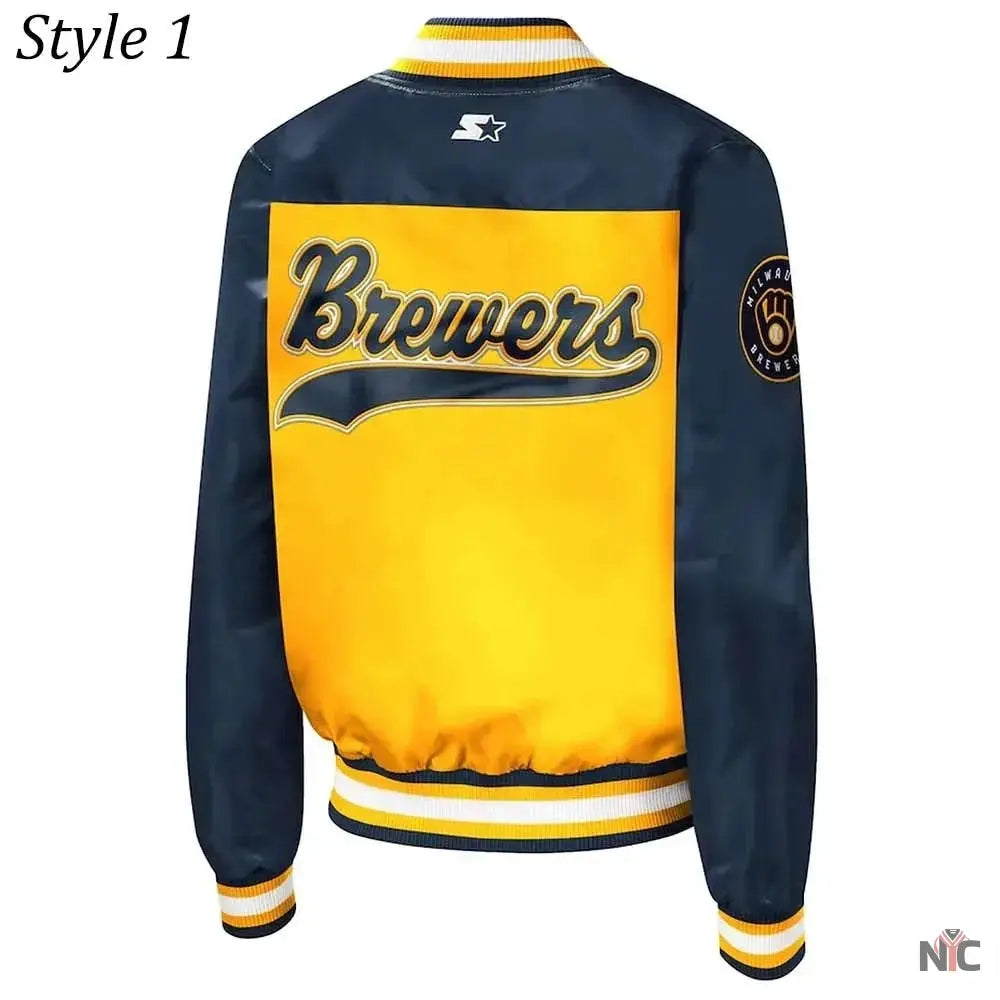 Milwaukee Brewers Gold and Navy Varsity Satin Jacket