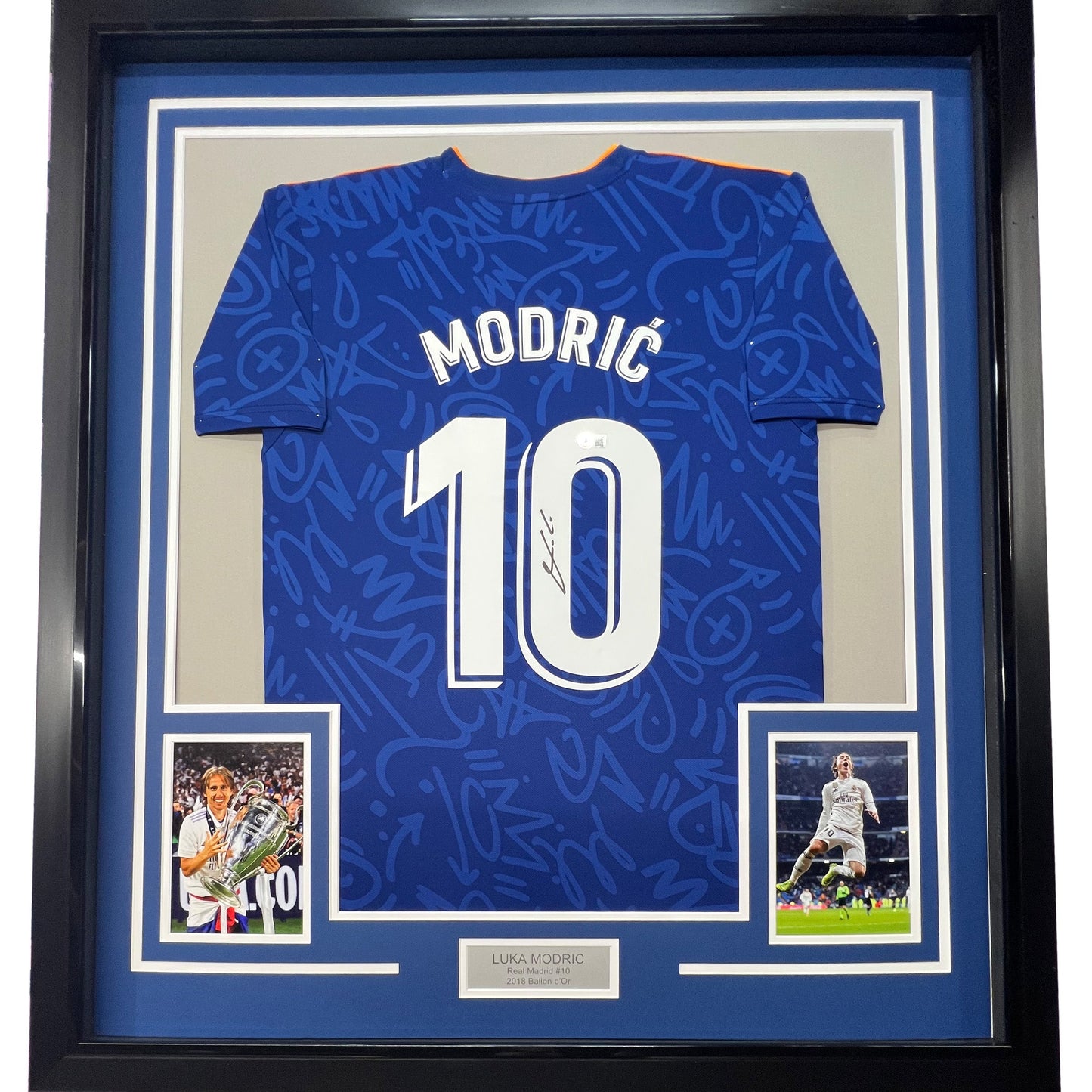 Framed Autographed/Signed Luka Modric 35x39 Real Madrid Blue Soccer Jersey Beckett BAS COA