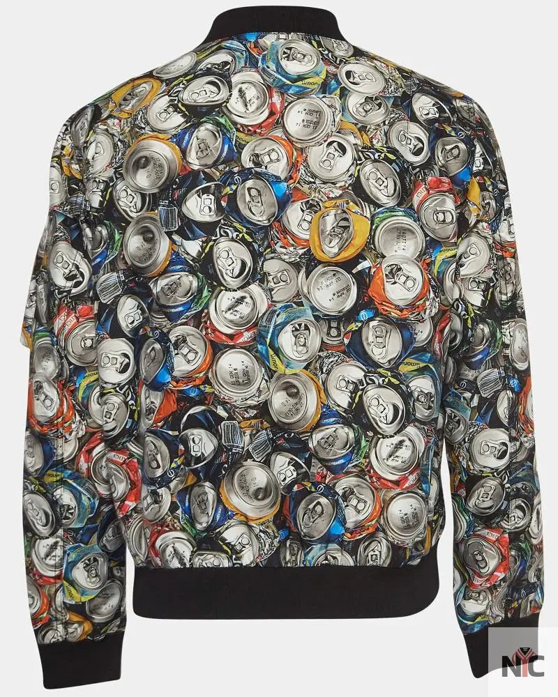 Moschino Couture Multicolor Beverage Cans Print Nylon Bomber Jacket