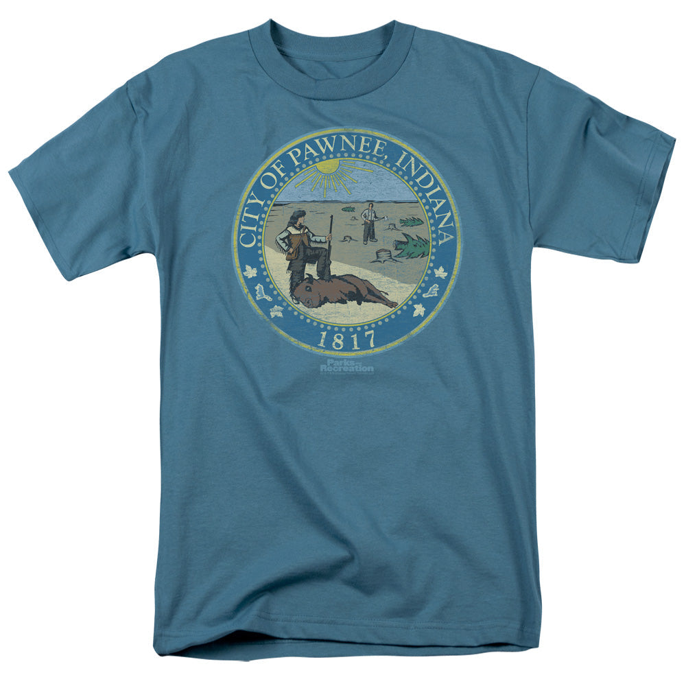 Parks And Rec Distressed Pawnee Seal Mens T Shirt Slate Officially Licensed