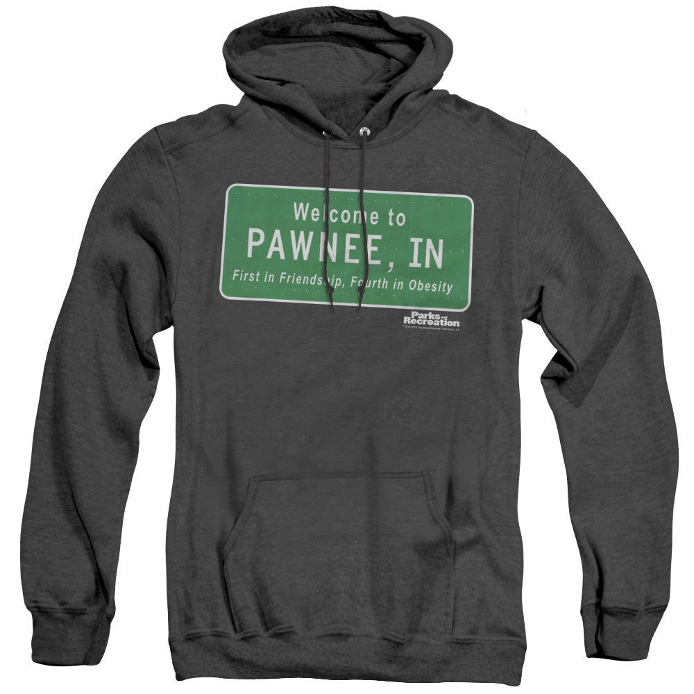 Parks And Rec Pawnee Sign Mens Heather Hoodie Black Officially Licensed