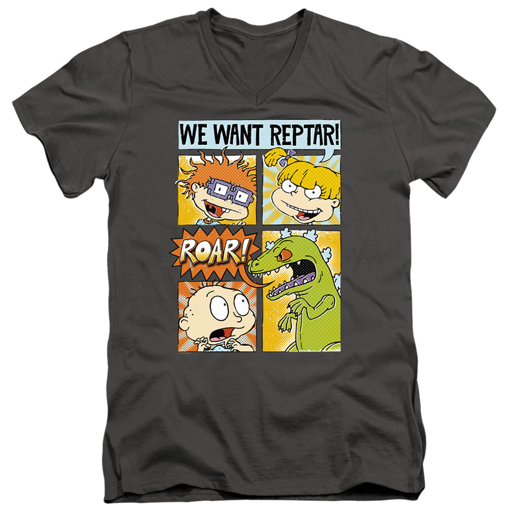 Rugrats We Want Reptar! Comic Mens Slim Fit V-Neck T Shirt Charcoal Officially Licensed