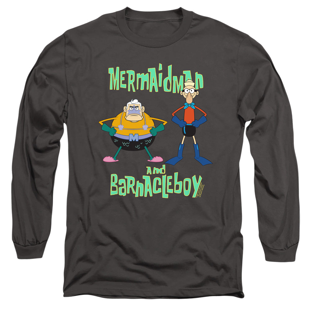 Spongebob Mermaid Man And Barnacle Boy Mens Long Sleeve Shirt Charcoal Officially Licensed