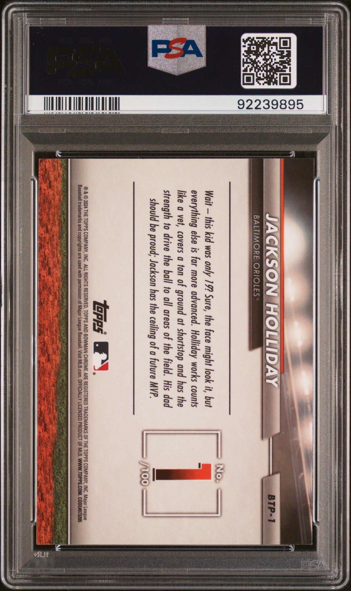 Graded 2024 Topps Bowman Jackson Holliday #BTP1 Scouts Top 100 Rookie RC Baseball Card PSA 10 Gem Mint