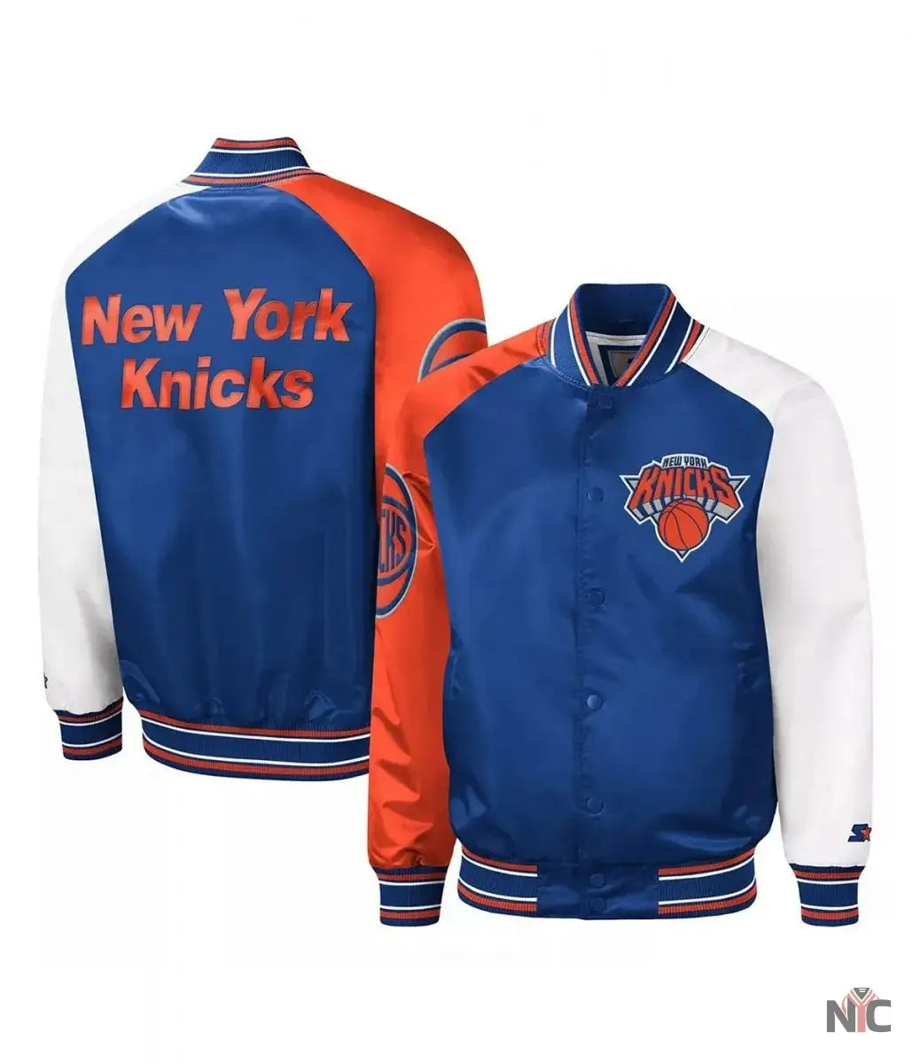 NY Knicks Reliever Raglan Royal Blue and Orange Satin Jacket
