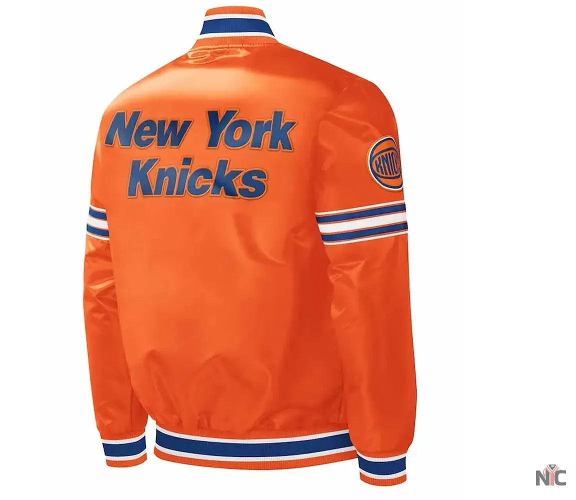NY Knicks Slider Varsity Orange Satin Jacket