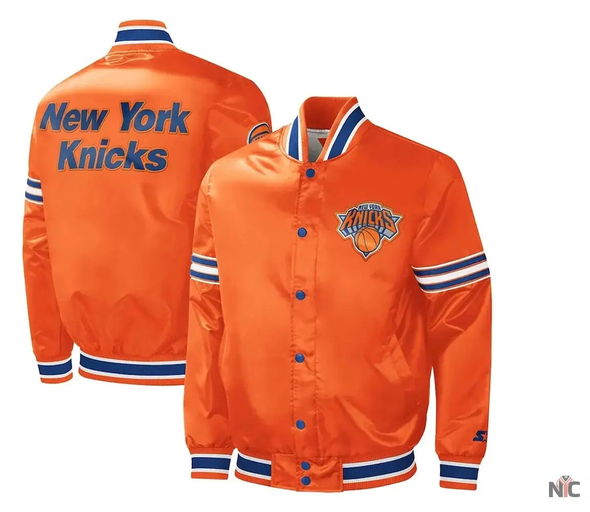 NY Knicks Slider Varsity Orange Satin Jacket