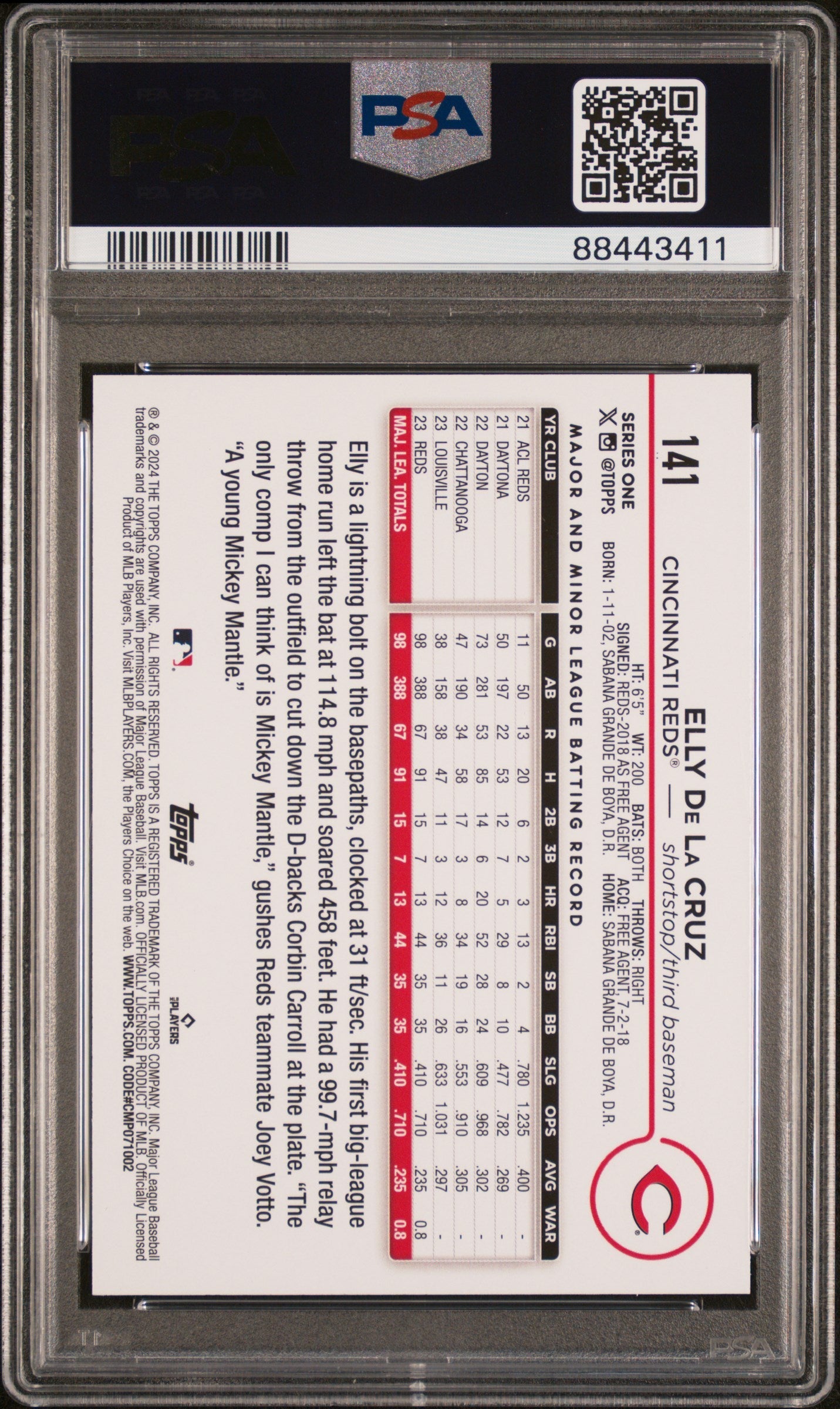 Graded 2024 Topps Elly De La Cruz #141 Yellow Rookie RC Baseball Card PSA 10 Gem Mint