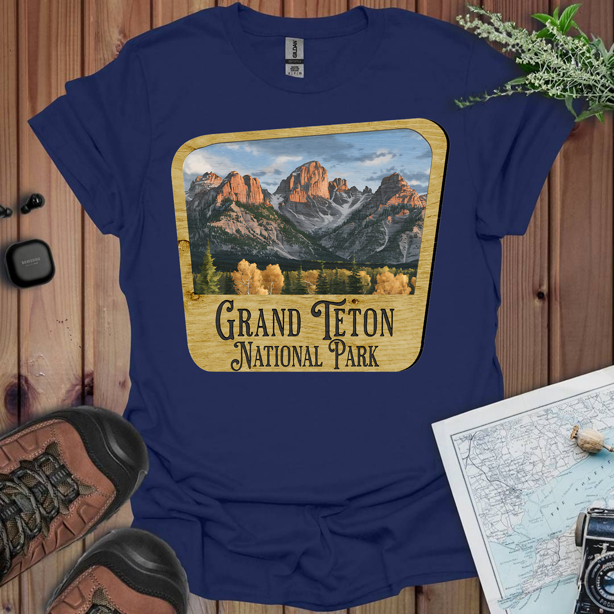 Grand Teton National Park Unisex Fit Soft T-Shirt Wood Sign