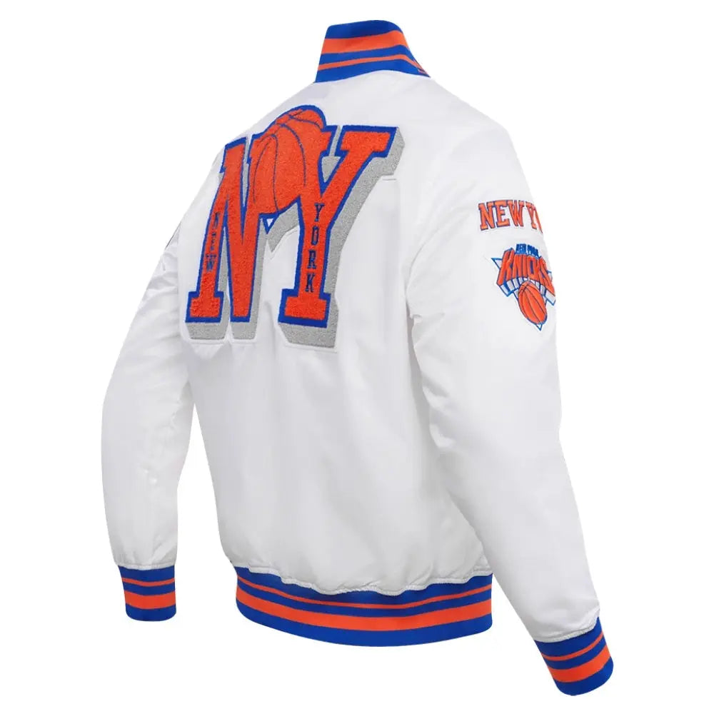 New York Knicks Mashup White Satin Varsity Jacket