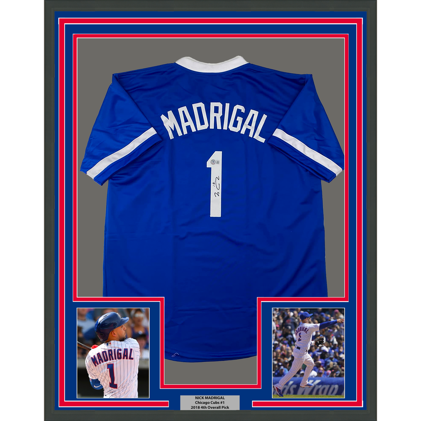 Framed Autographed/Signed Nick Madrigal 35x39 Chicago Blue Baseball Jersey Beckett BAS COA