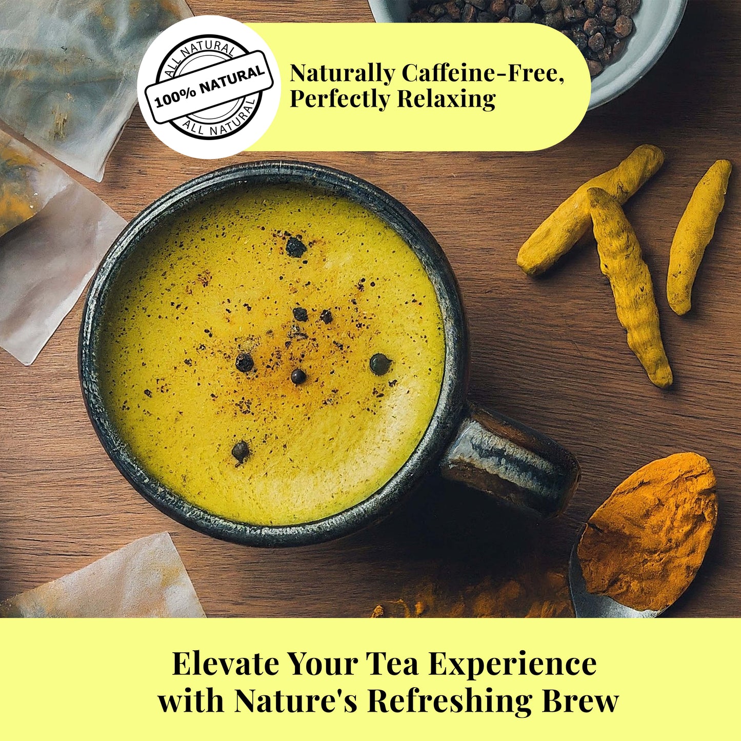 Akshit 75 Natural Turmeric Tea Bags,Turmeric Black Pepper Tea Blend, Te De Curcuma, Pure Tumeric Tea blend, Caffeine Free Herbal Tea, Non-Gmo. Pack of 1