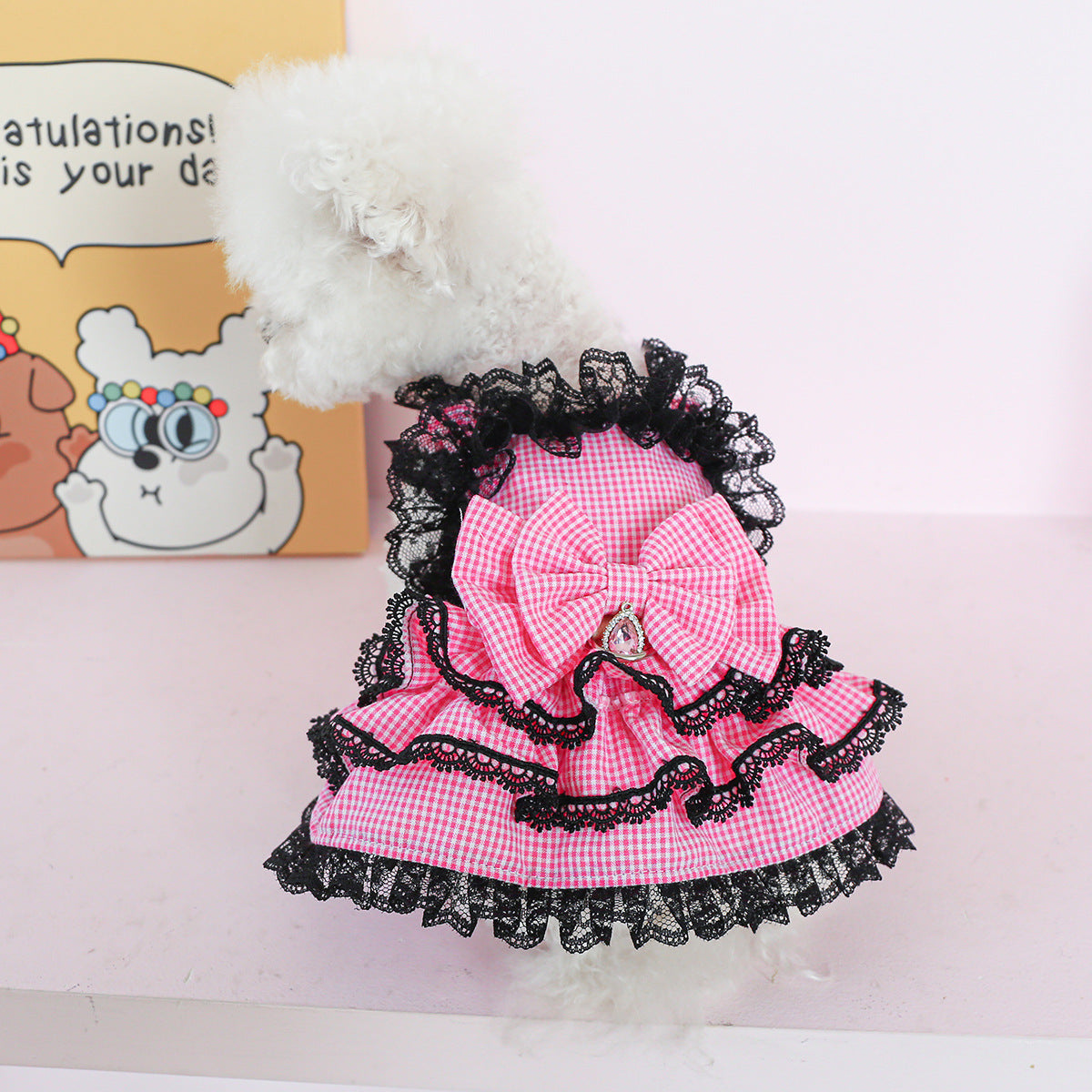 Pink Gingham Lace Dog Dress – Boutique Princess Puppy Dress with Black Lace Ruffles & Bow
