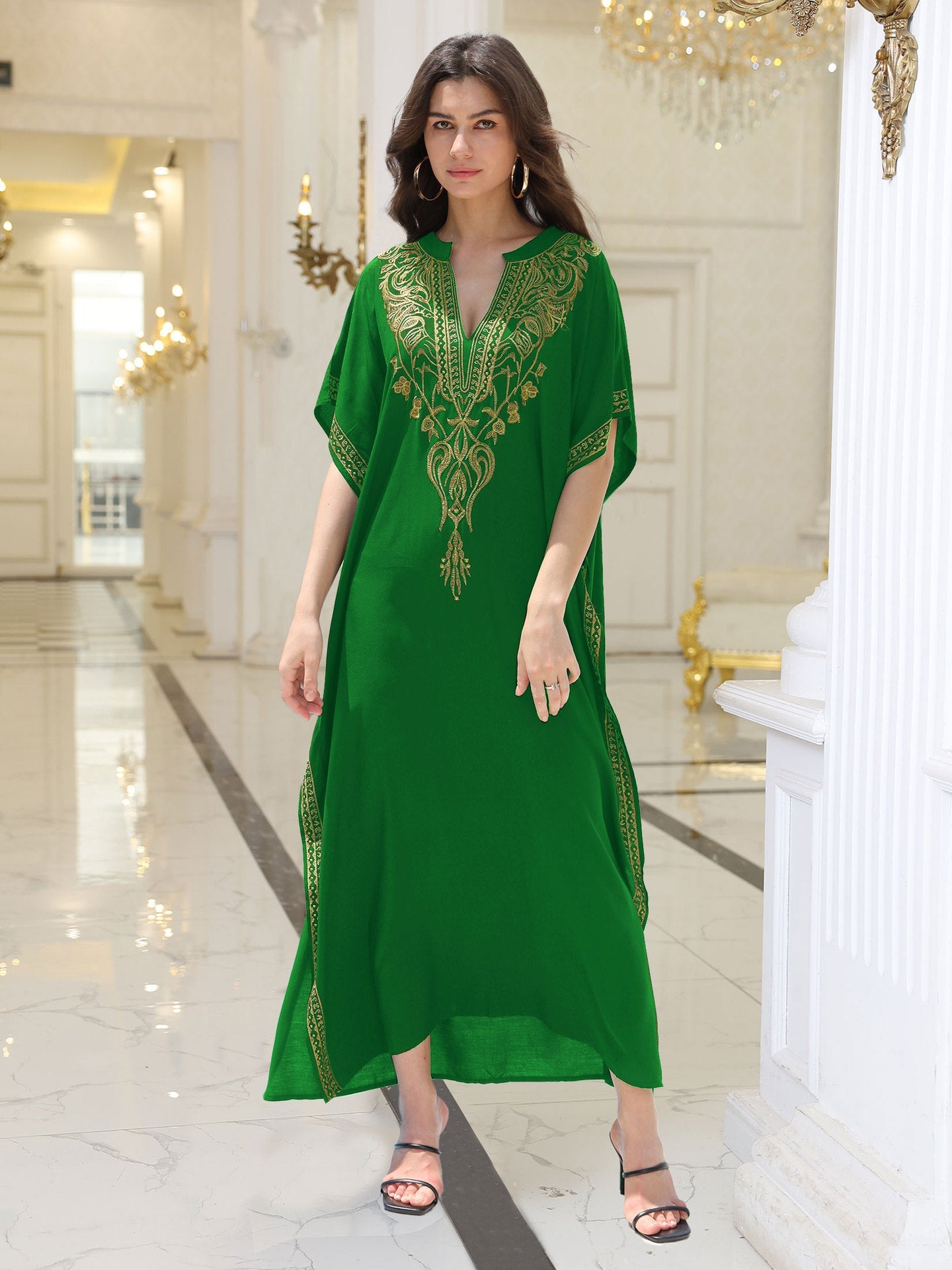 Lightweight Embroidered Kaftan Beach Dress - Gold Thread Rayon