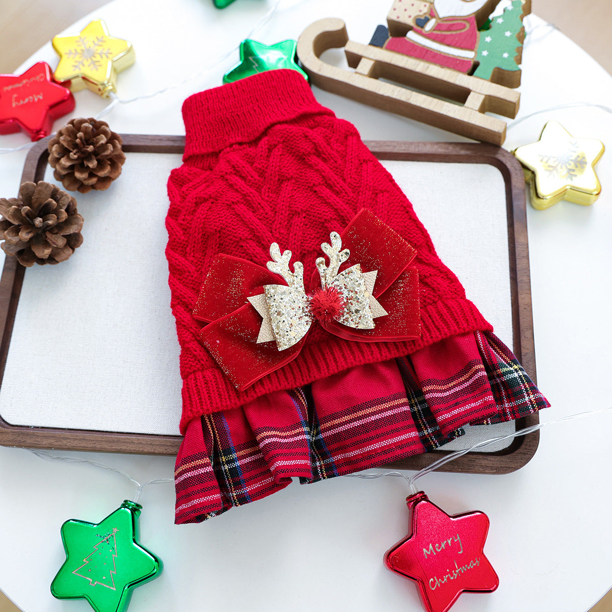 Christmas Sweater Knit Bow Dress for Dogs & Cats – Red Plaid