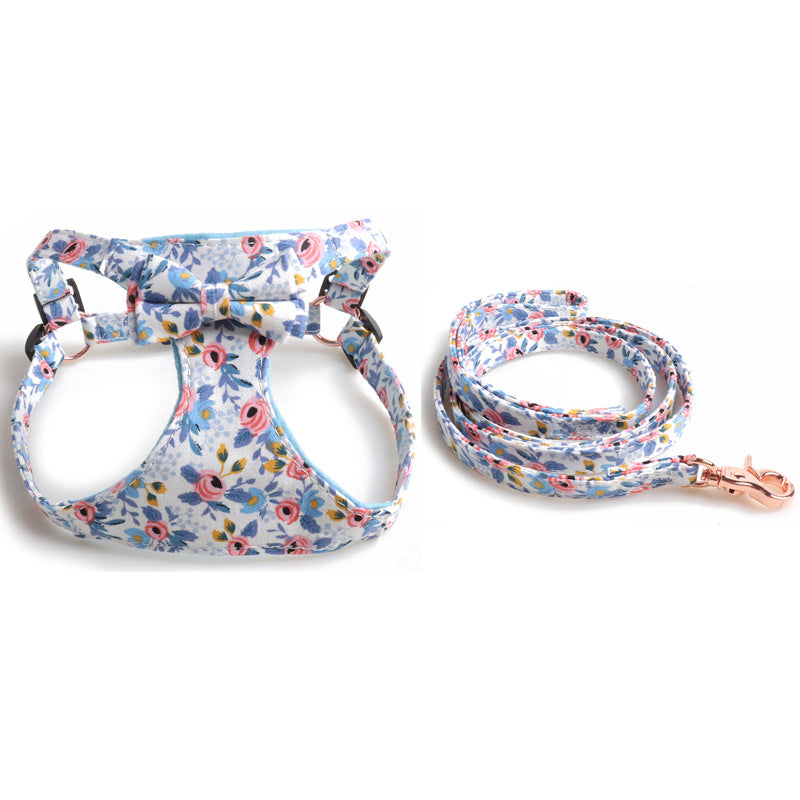 Floral Dog Harness & Leash Set – Soft Padded with Bowtie