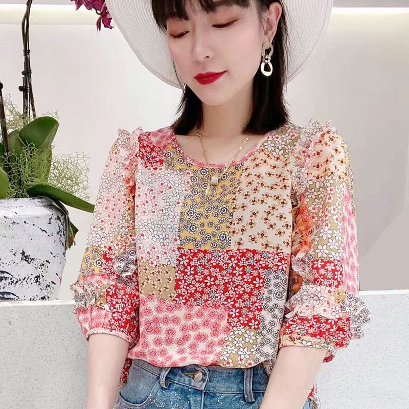 Lightweight Pleated Chiffon Blouse - Ruffle Sleeve Floral Top