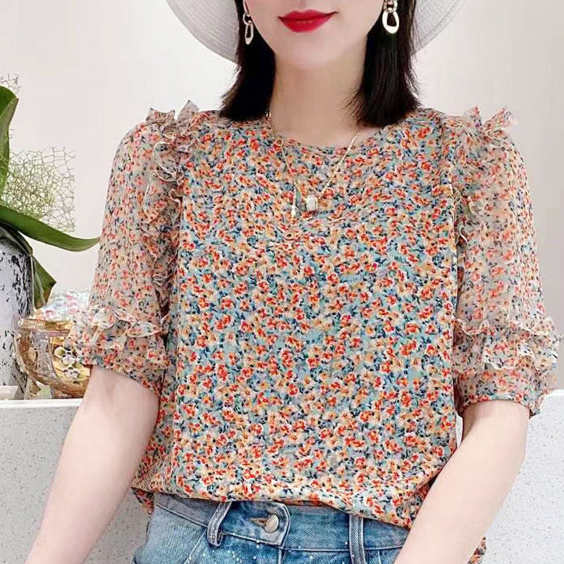 Lightweight Pleated Chiffon Blouse - Ruffle Sleeve Floral Top